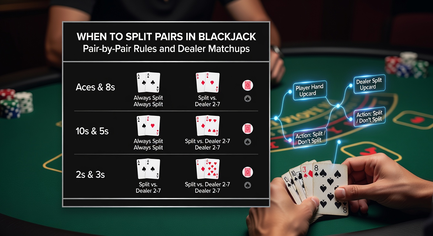 Blackjack table showing a player splitting a pair of eights against a dealer's six, with chips stacked neatly and cards fanned out